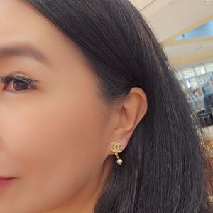 Authentic CHANEL Gold-Tone CC Pearl-Stud Drop Earrings with White Pearls